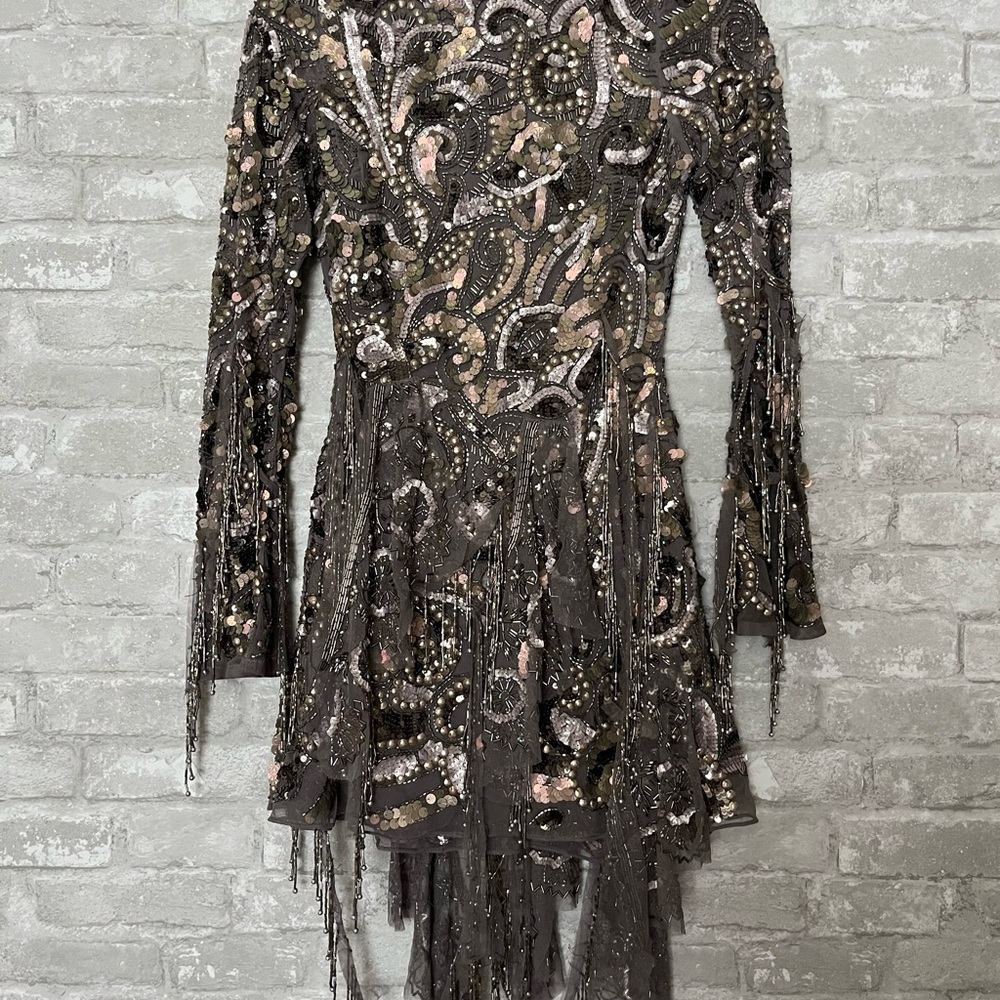 ASOS long sleeve embellished mini dress with draped applique and fringe in silve